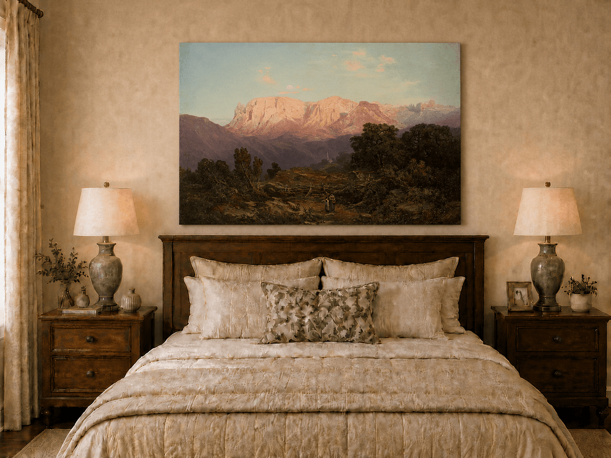 Pintura al óleo de paisaje: Cumbres de montaña iluminadas por el sol sobre un valle tranquilo