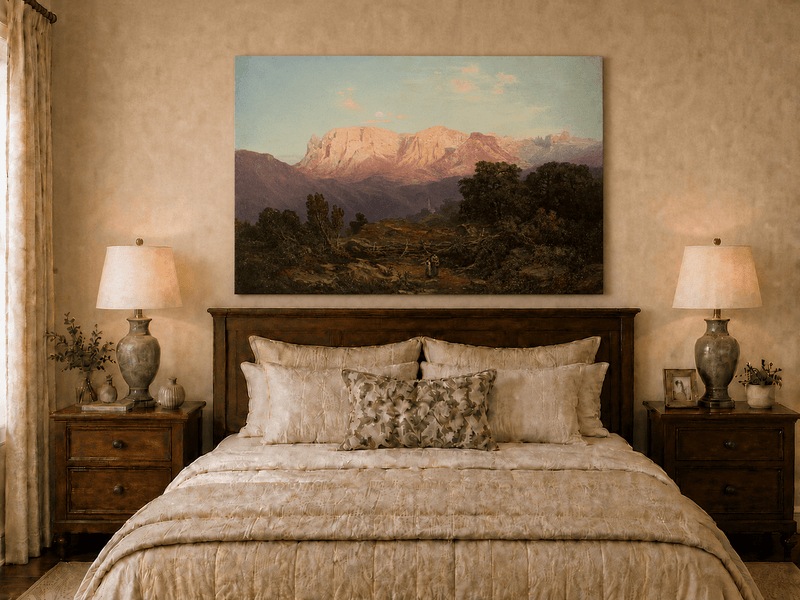 Pintura al óleo de paisaje: Cumbres de montaña iluminadas por el sol sobre un valle tranquilo
