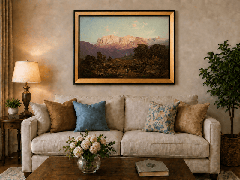 Pintura al óleo de paisaje: Cumbres de montaña iluminadas por el sol sobre un valle tranquilo