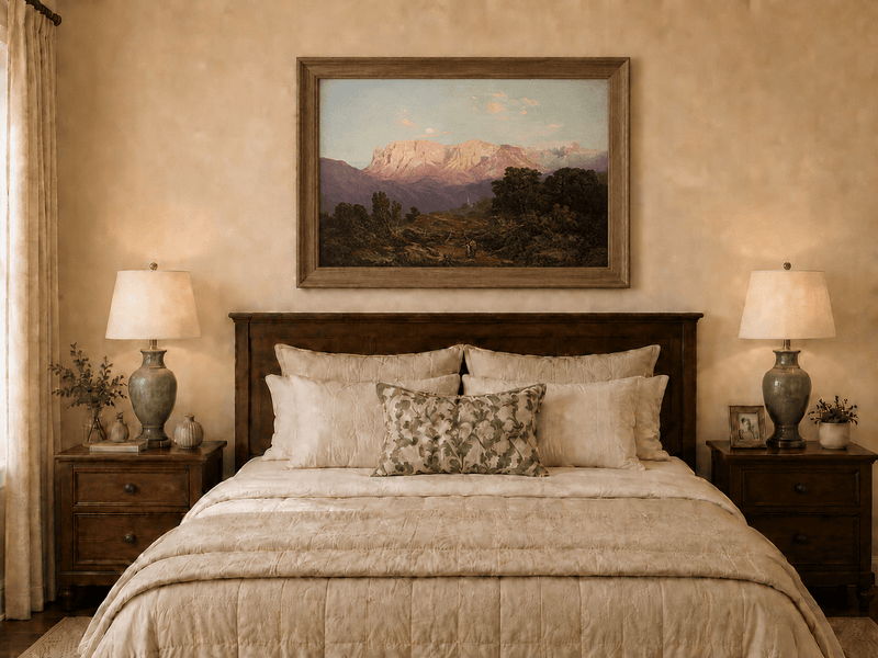 Pintura al óleo de paisaje: Cumbres de montaña iluminadas por el sol sobre un valle tranquilo