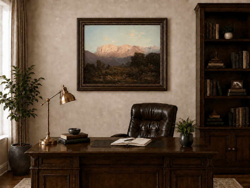 Pintura al óleo de paisaje: Cumbres de montaña iluminadas por el sol sobre un valle tranquilo