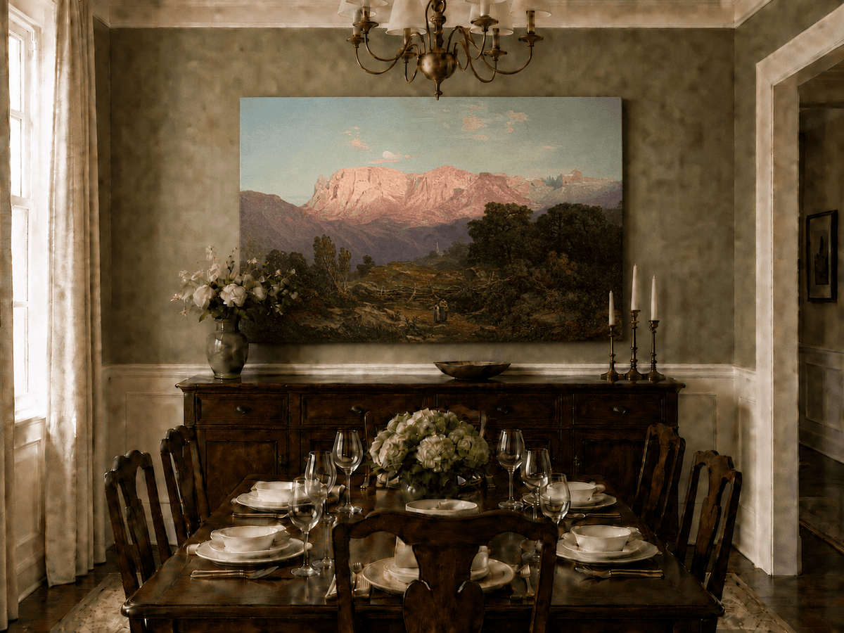 Pintura al óleo de paisaje: Cumbres de montaña iluminadas por el sol sobre un valle tranquilo