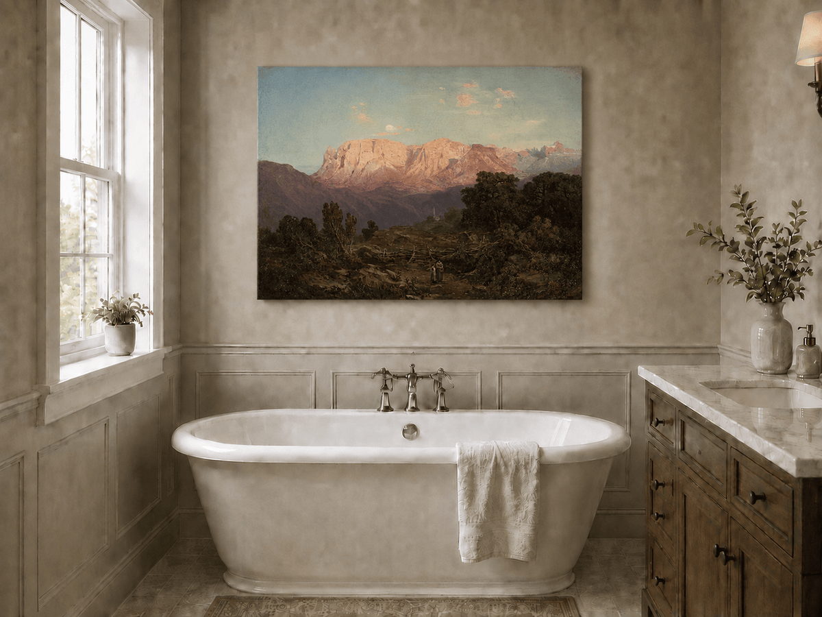 Pintura al óleo de paisaje: Cumbres de montaña iluminadas por el sol sobre un valle tranquilo