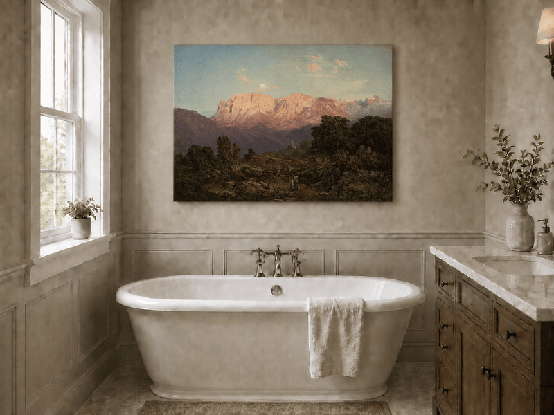 Pintura al óleo de paisaje: Cumbres de montaña iluminadas por el sol sobre un valle tranquilo