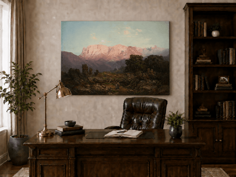 Pintura al óleo de paisaje: Cumbres de montaña iluminadas por el sol sobre un valle tranquilo