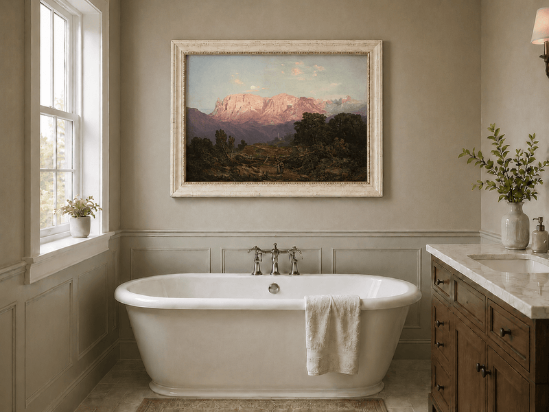 Pintura al óleo de paisaje: Cumbres de montaña iluminadas por el sol sobre un valle tranquilo