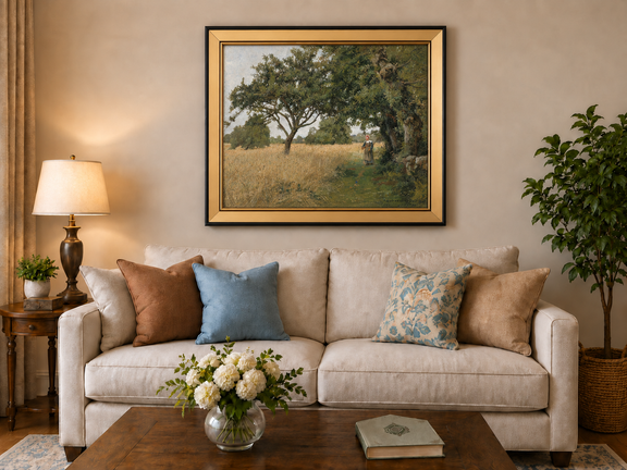 Hand-painted Sunlit Oak Meadow with Woman on Path landscape oil painting displayed as wall art in a styled interior