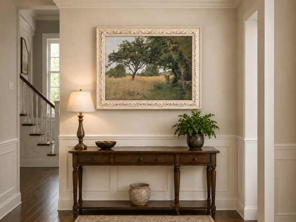 Hand-painted Sunlit Oak Meadow with Woman on Path landscape oil painting displayed as wall art in a styled interior