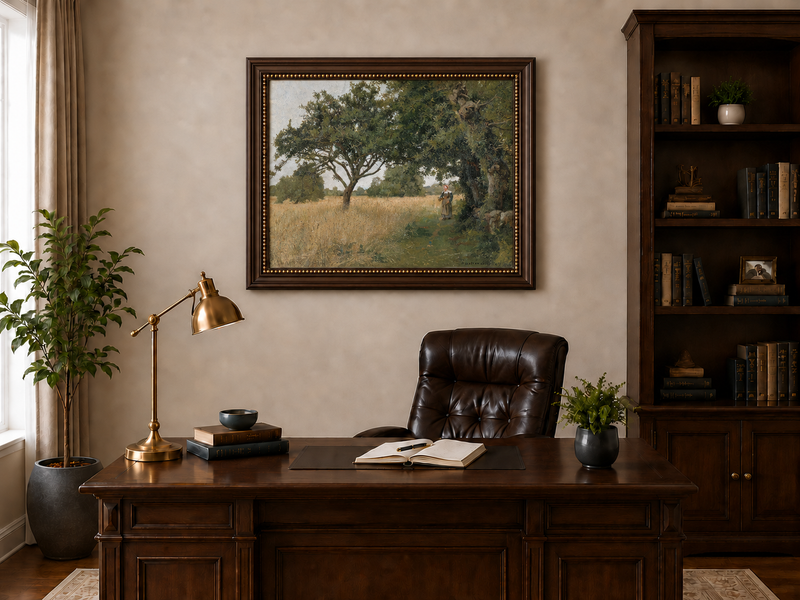 Hand-painted Sunlit Oak Meadow with Woman on Path landscape oil painting displayed as wall art in a styled interior