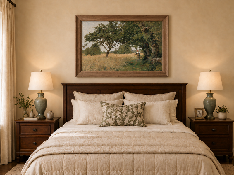 Hand-painted Sunlit Oak Meadow with Woman on Path landscape oil painting displayed as wall art in a styled interior
