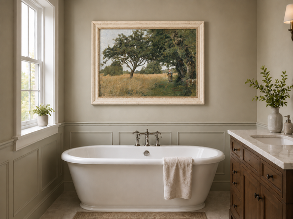 Hand-painted Sunlit Oak Meadow with Woman on Path landscape oil painting displayed as wall art in a styled interior