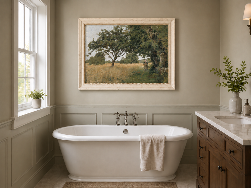 Hand-painted Sunlit Oak Meadow with Woman on Path landscape oil painting displayed as wall art in a styled interior