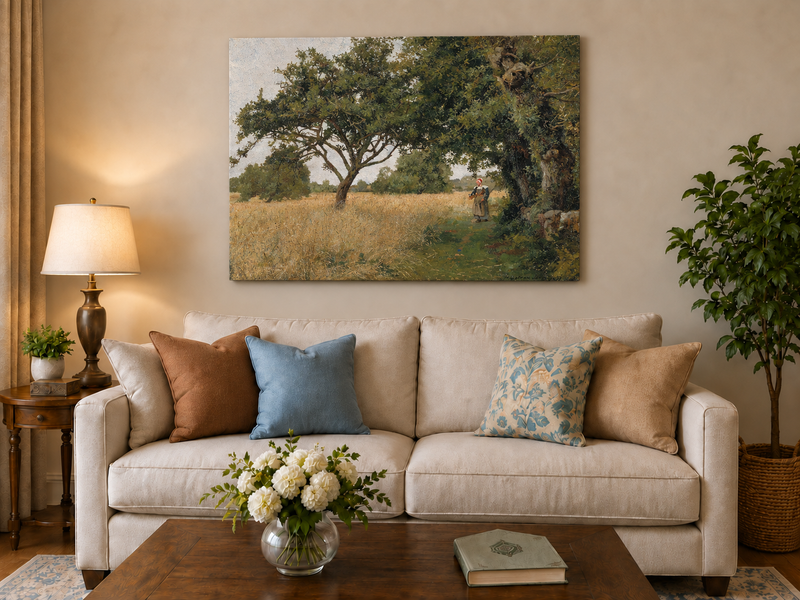 Hand-painted Sunlit Oak Meadow with Woman on Path landscape oil painting displayed as wall art in a styled interior