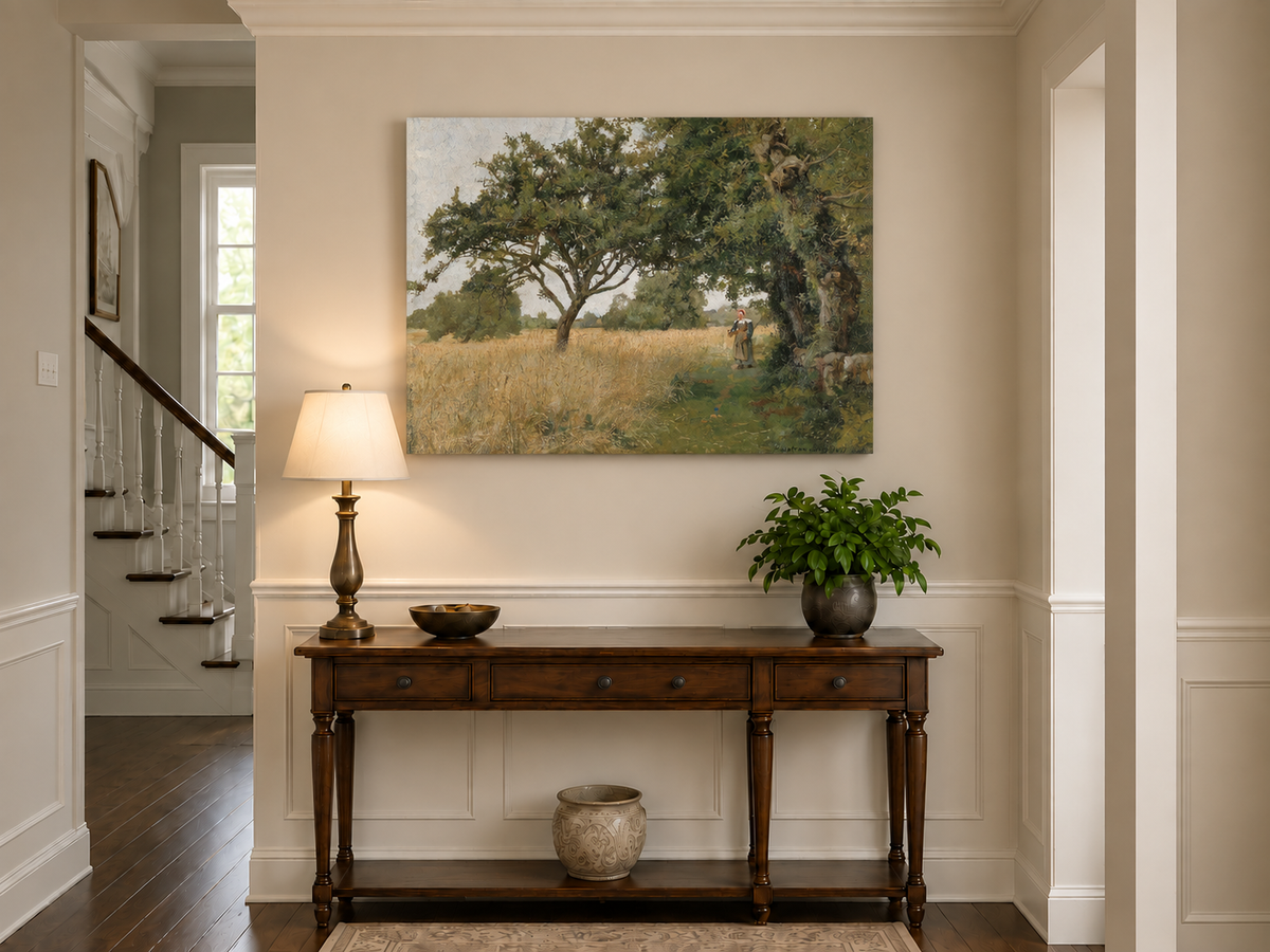Hand-painted Sunlit Oak Meadow with Woman on Path landscape oil painting displayed as wall art in a styled interior