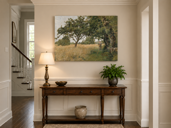 Hand-painted Sunlit Oak Meadow with Woman on Path landscape oil painting displayed as wall art in a styled interior
