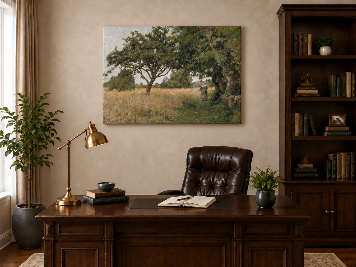 Hand-painted Sunlit Oak Meadow with Woman on Path landscape oil painting displayed as wall art in a styled interior