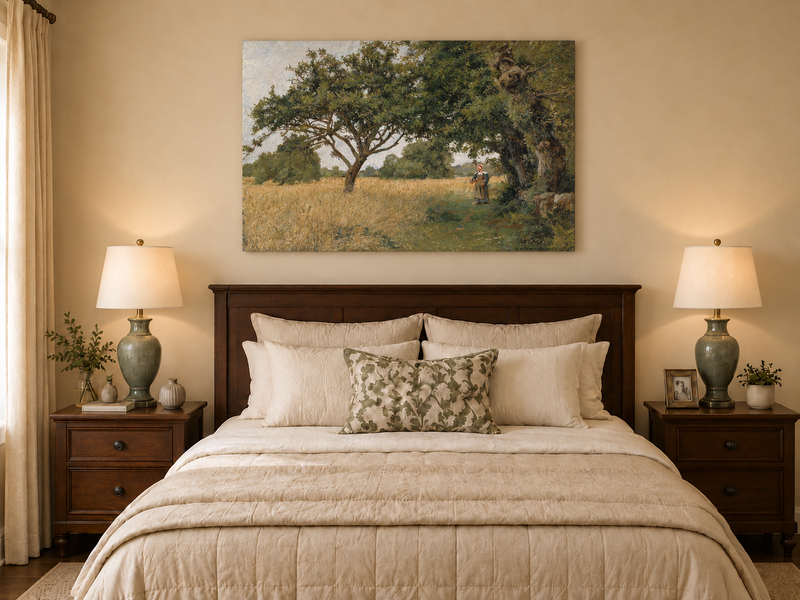 Hand-painted Sunlit Oak Meadow with Woman on Path landscape oil painting displayed as wall art in a styled interior