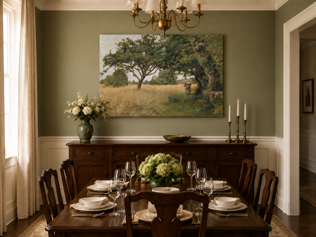 Hand-painted Sunlit Oak Meadow with Woman on Path landscape oil painting displayed as wall art in a styled interior