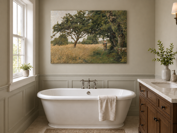 Hand-painted Sunlit Oak Meadow with Woman on Path landscape oil painting displayed as wall art in a styled interior