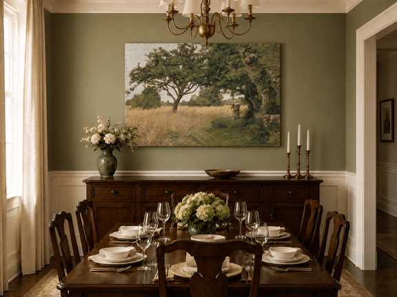 Hand-painted Sunlit Oak Meadow with Woman on Path landscape oil painting displayed as wall art in a styled interior
