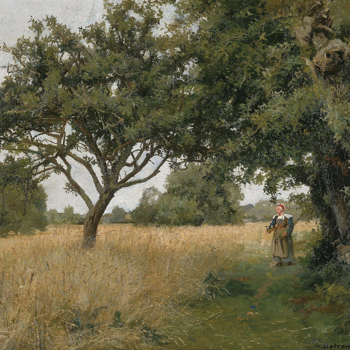 Hand-painted sunlit oak meadow with woman on path landscape oil painting on canvas
