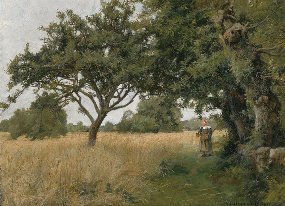 Hand-painted sunlit oak meadow with woman on path landscape oil painting on canvas