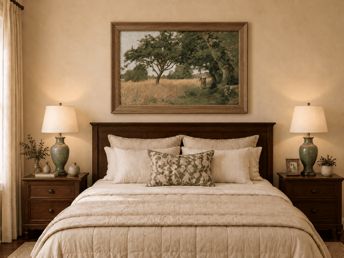 Hand-painted Sunlit Oak Meadow with Woman on Path landscape oil painting displayed as wall art in a styled interior