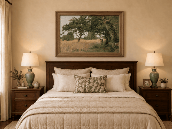 Hand-painted Sunlit Oak Meadow with Woman on Path landscape oil painting displayed as wall art in a styled interior