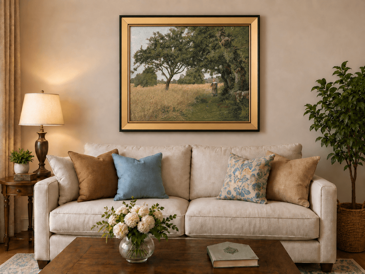 Hand-painted Sunlit Oak Meadow with Woman on Path landscape oil painting displayed as wall art in a styled interior