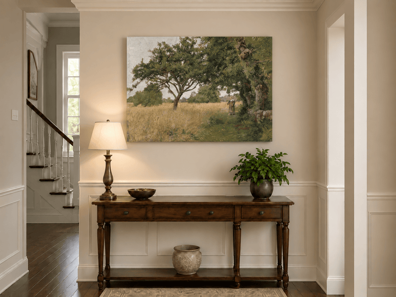 Hand-painted Sunlit Oak Meadow with Woman on Path landscape oil painting displayed as wall art in a styled interior
