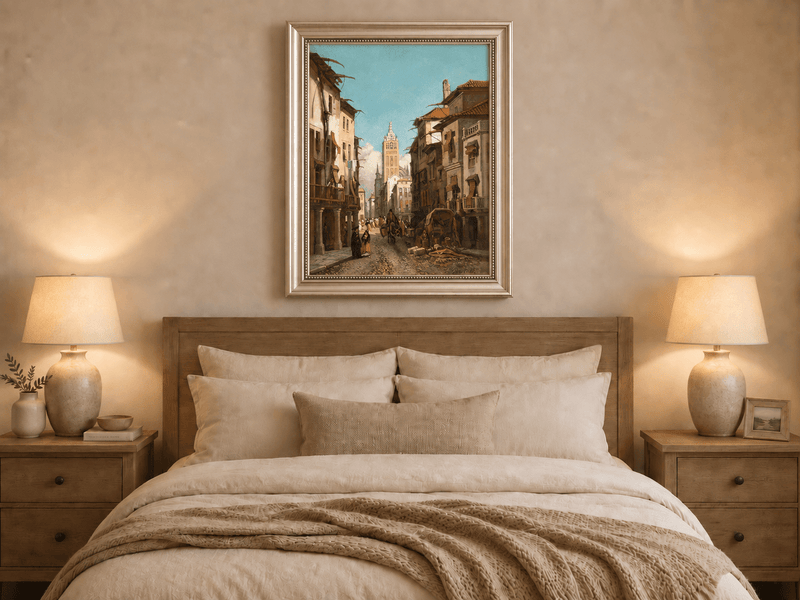 Landscape Oil Painting - Sunlit Old Street with Bell Tower