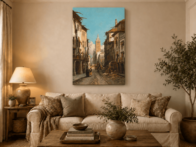 Landscape Oil Painting - Sunlit Old Street with Bell Tower