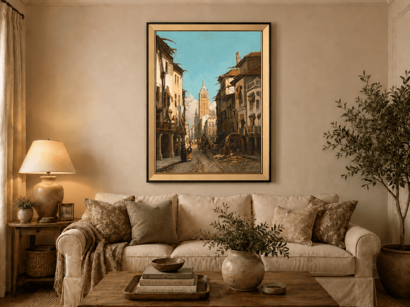 Landscape Oil Painting - Sunlit Old Street with Bell Tower