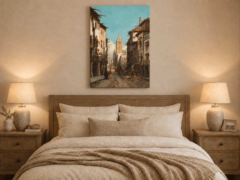 Landscape Oil Painting - Sunlit Old Street with Bell Tower