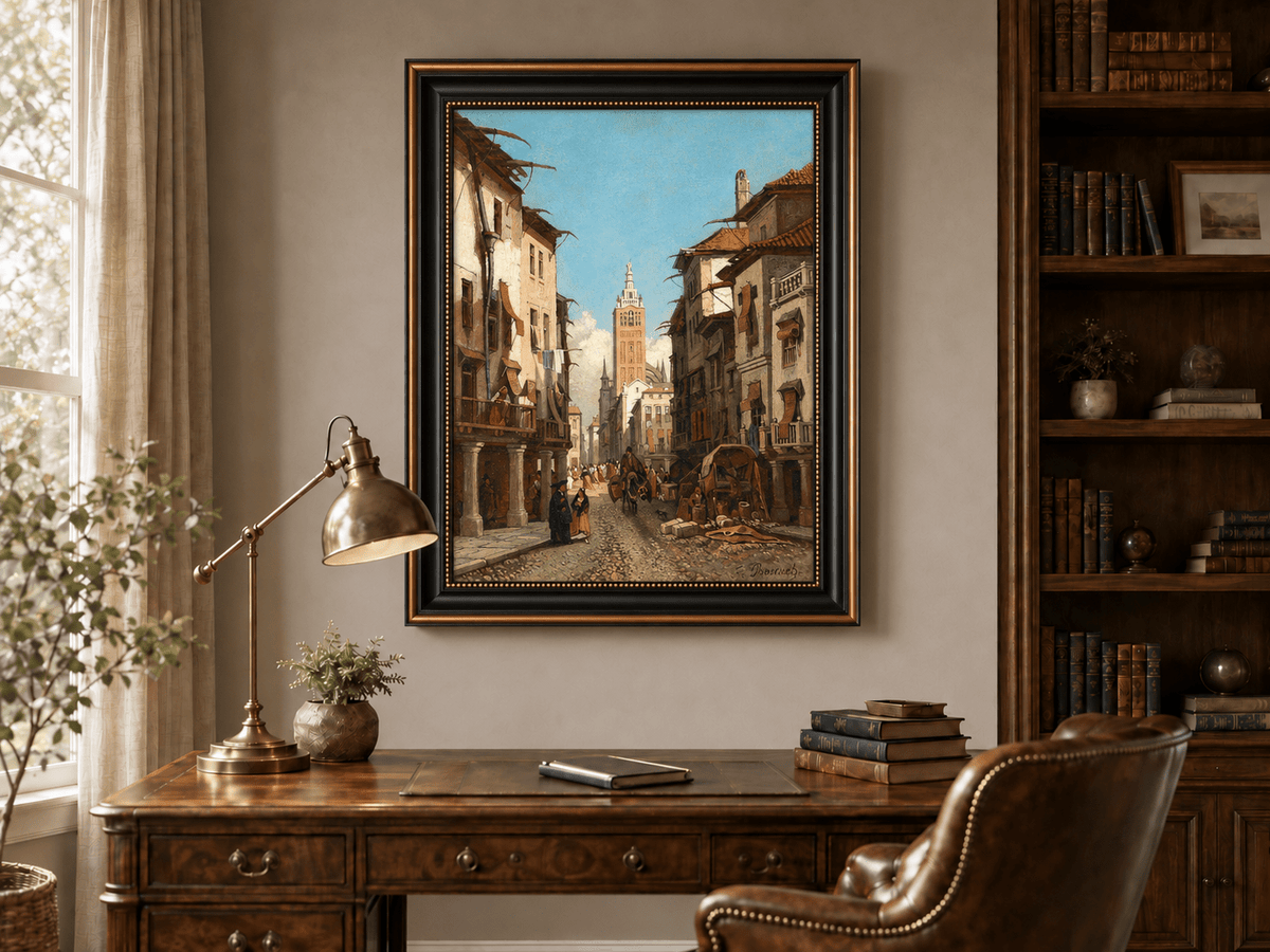 Landscape Oil Painting - Sunlit Old Street with Bell Tower