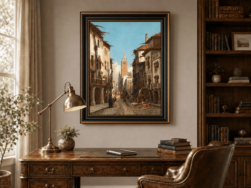 Landscape Oil Painting - Sunlit Old Street with Bell Tower
