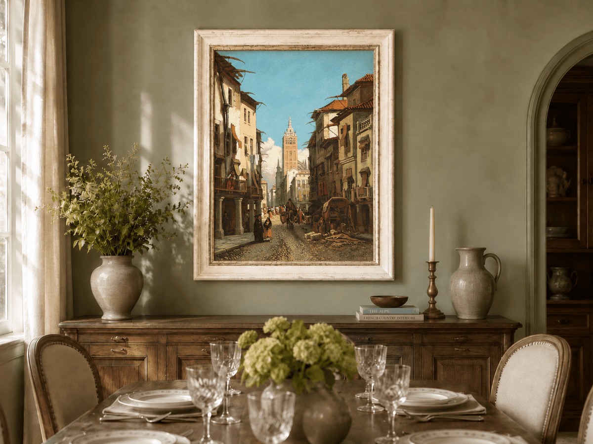 Landscape Oil Painting - Sunlit Old Street with Bell Tower