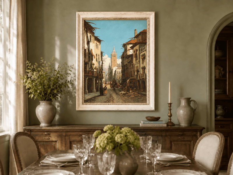 Landscape Oil Painting - Sunlit Old Street with Bell Tower