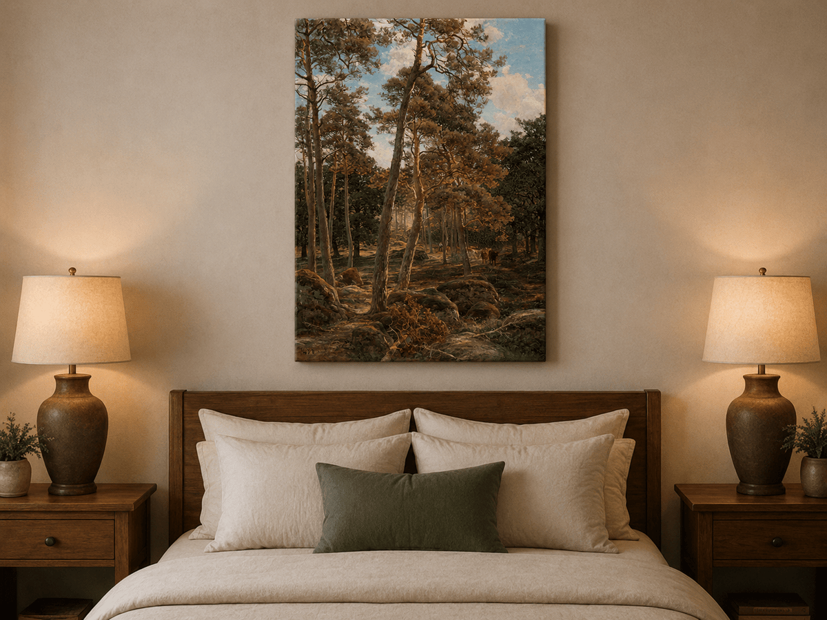 Landscape Oil Painting - Sunlit Pine Forest with Cattle