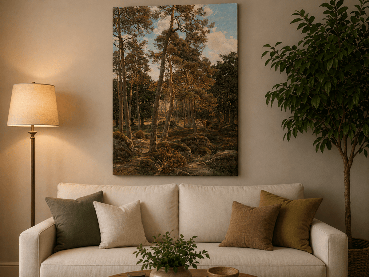 Landscape Oil Painting - Sunlit Pine Forest with Cattle