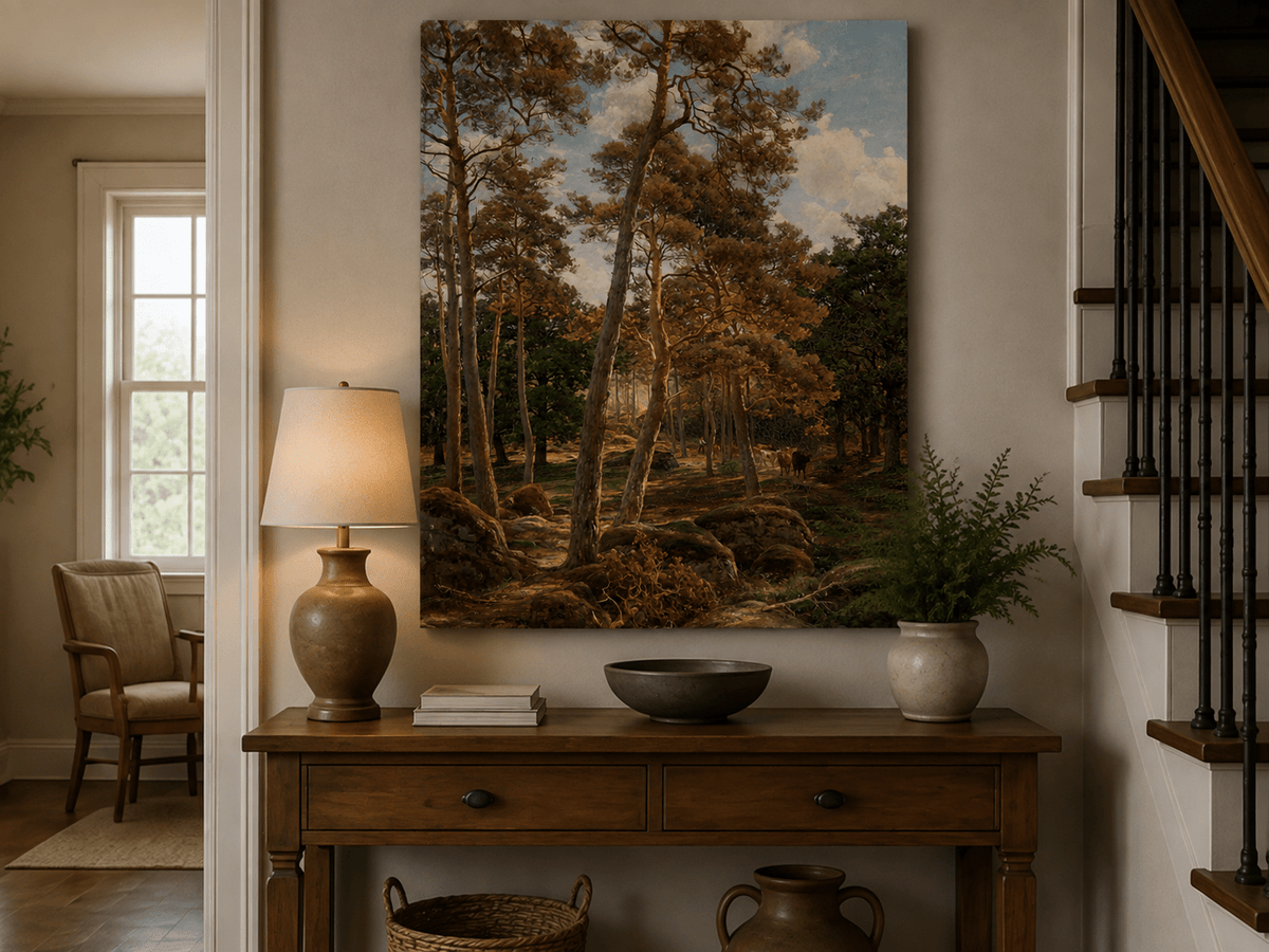 Landscape Oil Painting - Sunlit Pine Forest with Cattle