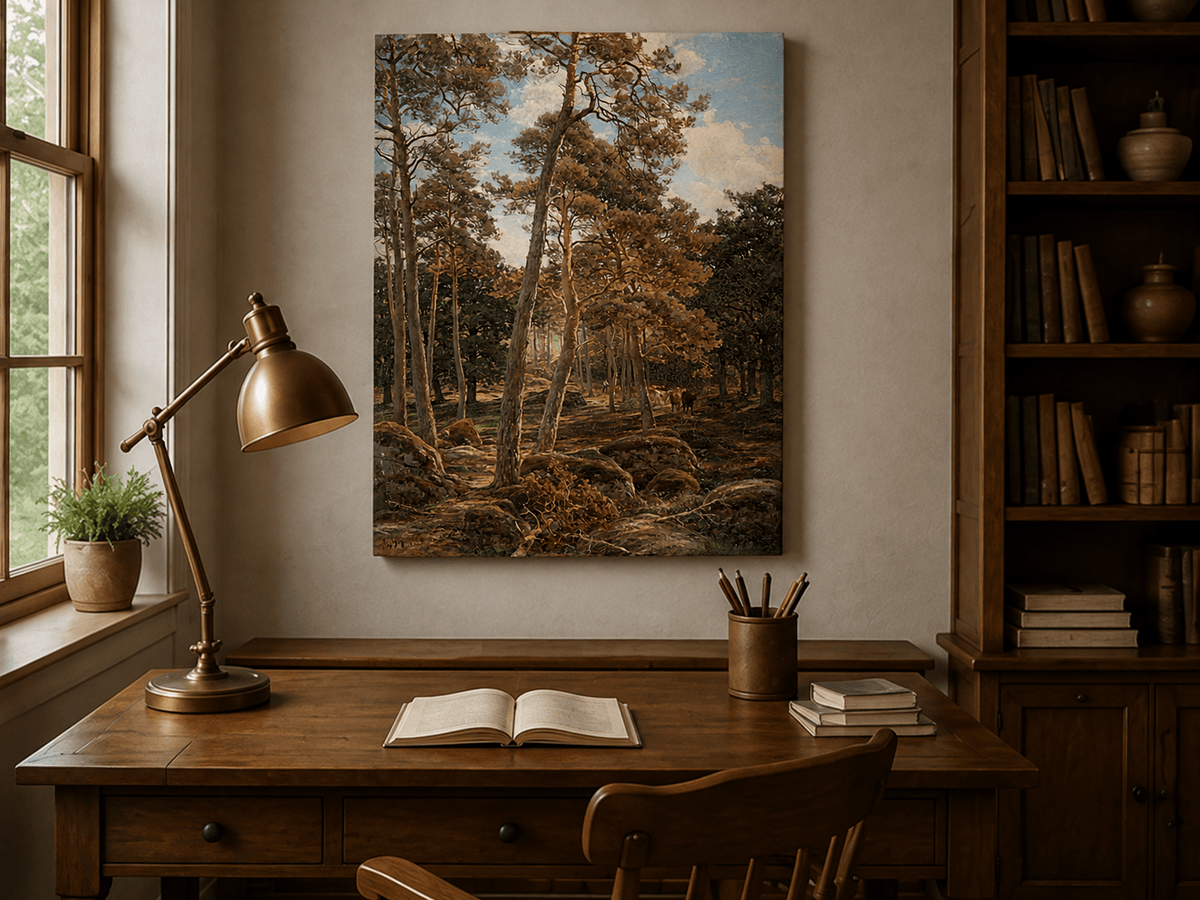 Landscape Oil Painting - Sunlit Pine Forest with Cattle