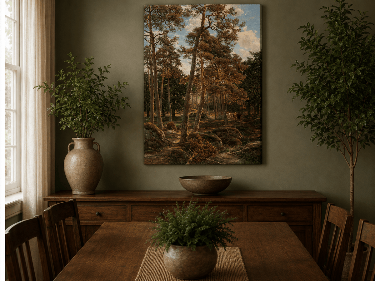 Landscape Oil Painting - Sunlit Pine Forest with Cattle