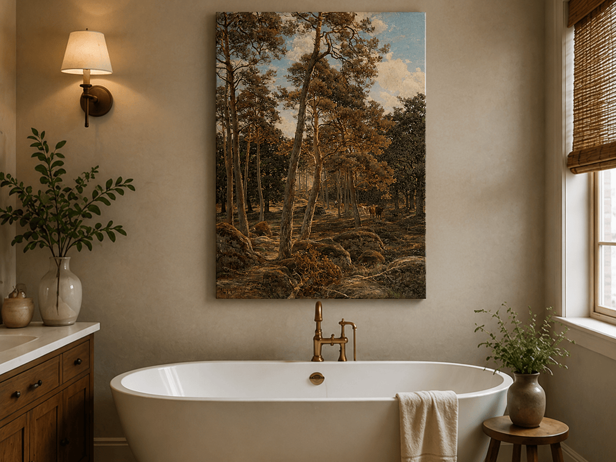Landscape Oil Painting - Sunlit Pine Forest with Cattle