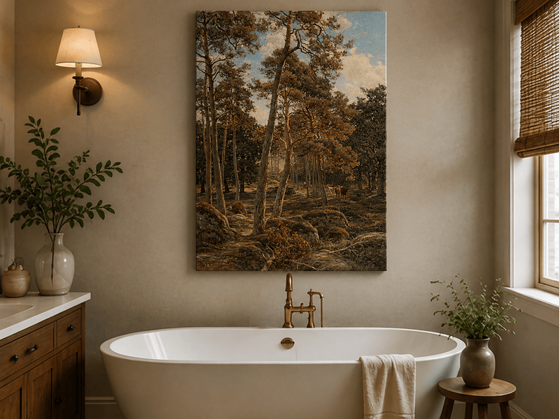 Landscape Oil Painting - Sunlit Pine Forest with Cattle
