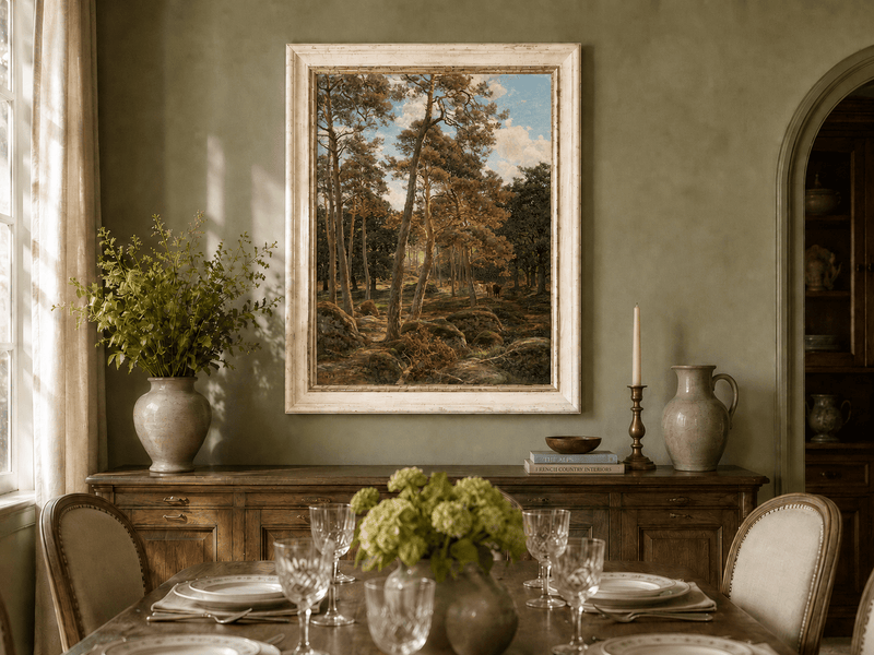 Landscape Oil Painting - Sunlit Pine Forest with Cattle