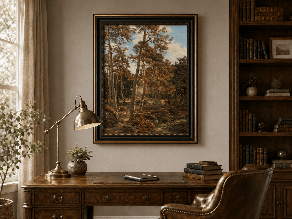 Landscape Oil Painting - Sunlit Pine Forest with Cattle