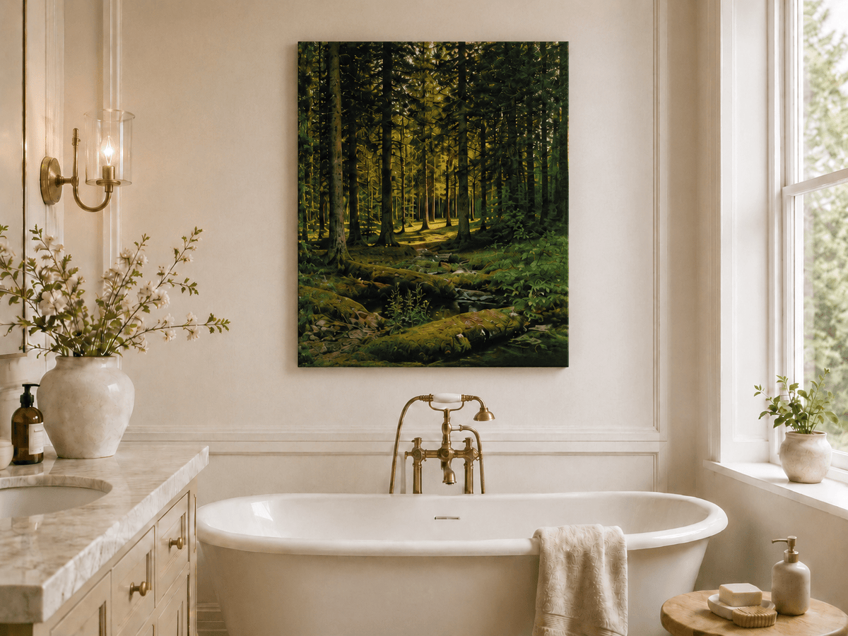 Peinture à l'huile de paysage - Scène de forêt avec personnages au bord de l'eau
