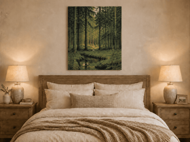 Peinture à l'huile de paysage - Scène de forêt avec personnages au bord de l'eau