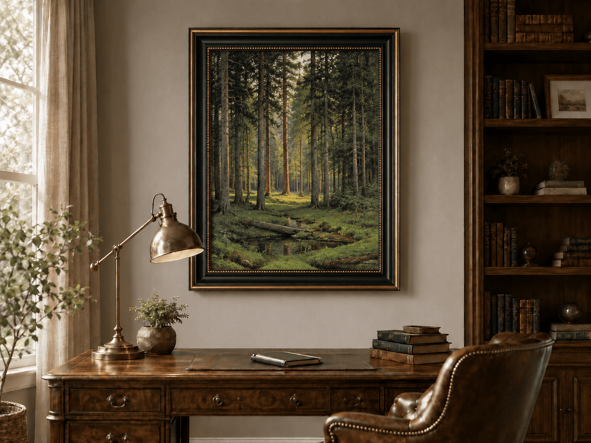 Peinture à l'huile de paysage - Scène de forêt avec personnages au bord de l'eau